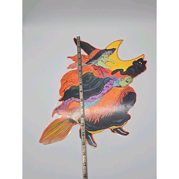 Vtg Kirk Halloween Die Cut Witch on Broom w/ Cat Cardboard Decoration Laminated - Picture 4 of 5